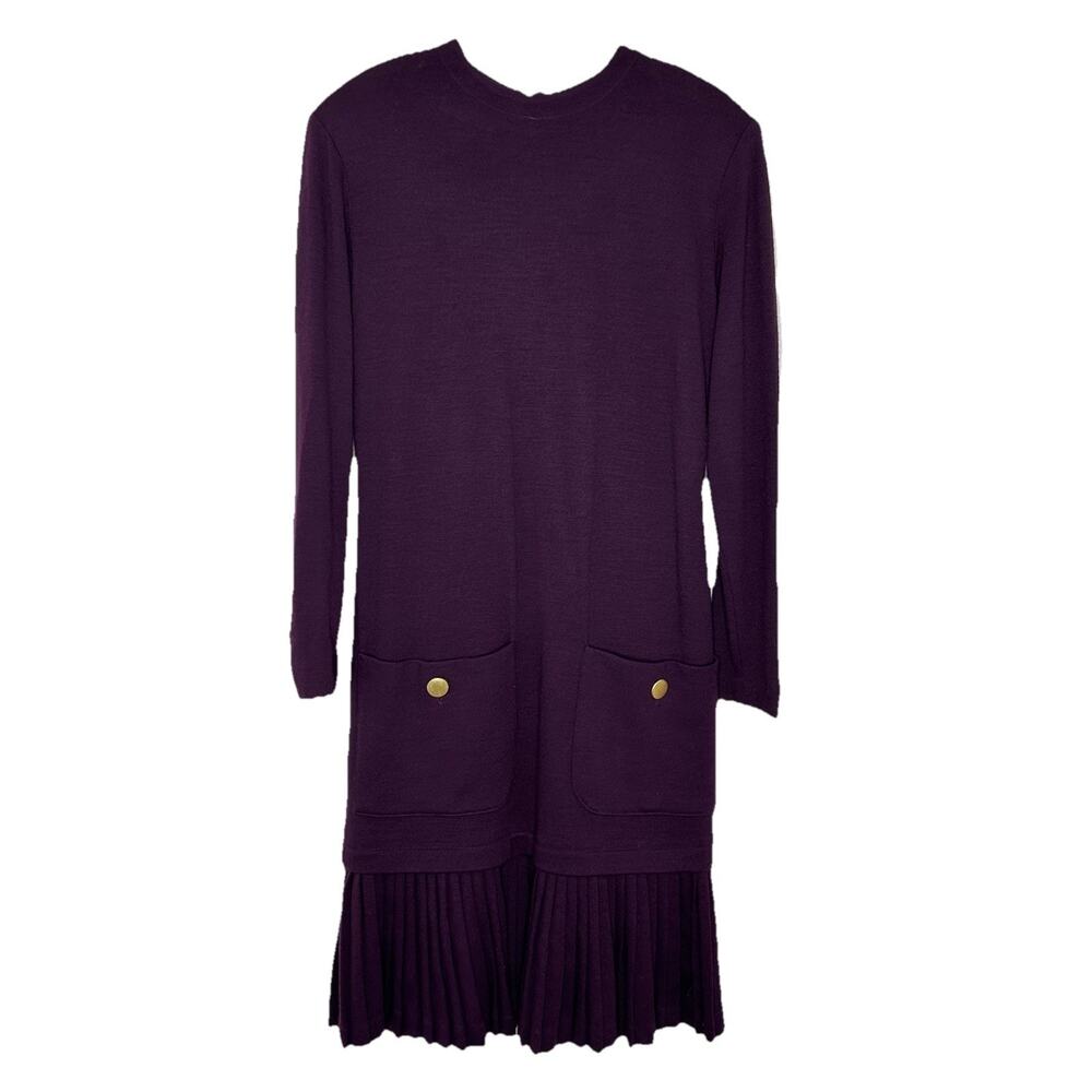 Ronnie Heller Vintage Purple 100% Wool Long Sleeve Pleated Dress Size 8
